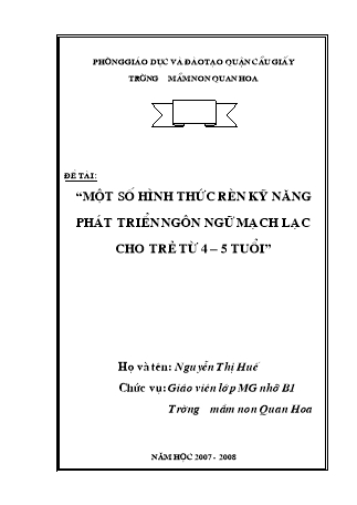 SKKN Một số hình thức rèn kỹ năng phát triển ngôn ngữ mạch lạc cho trẻ từ 4 – 5 tuổi