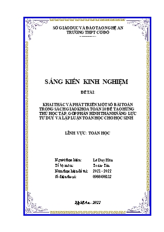 SKKN Khai thác và phát triển một số bài toán trong sách giáo khoa Toán 10 để tạo hứng thú học tập, góp phần hình thành năng lực tư duy và lập luận toán học cho học sinh