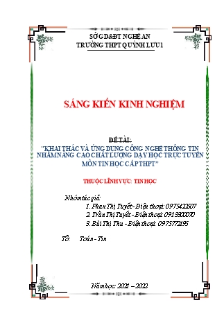 SKKN Khai thác và ứng dụng công nghệ thông tin nhằm nâng cao chất lượng dạy học trực tuyến môn Tin học cấp THPT