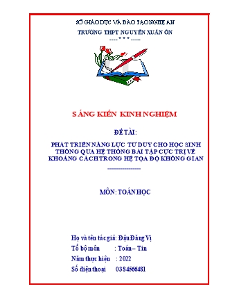 SKKN Phát triển năng lực tư duy cho học sinh thông qua hệ thống bài tập cực trị về khoảng cách trong hệ tọa độ không gian