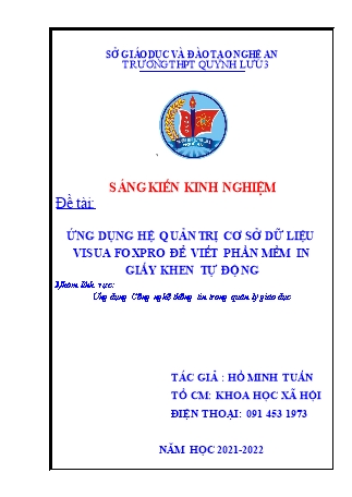 SKKN Ứng dụng hệ quản trị cơ sở dữ liệu visua foxpro để viết phần mềm in giấy khen tự động